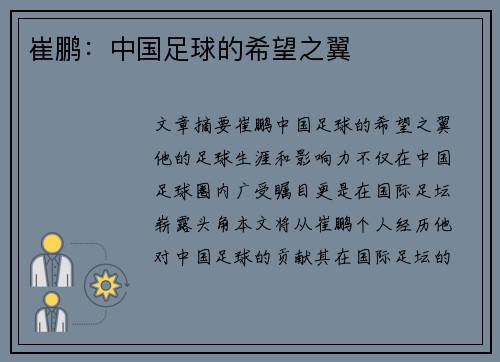 崔鹏：中国足球的希望之翼
